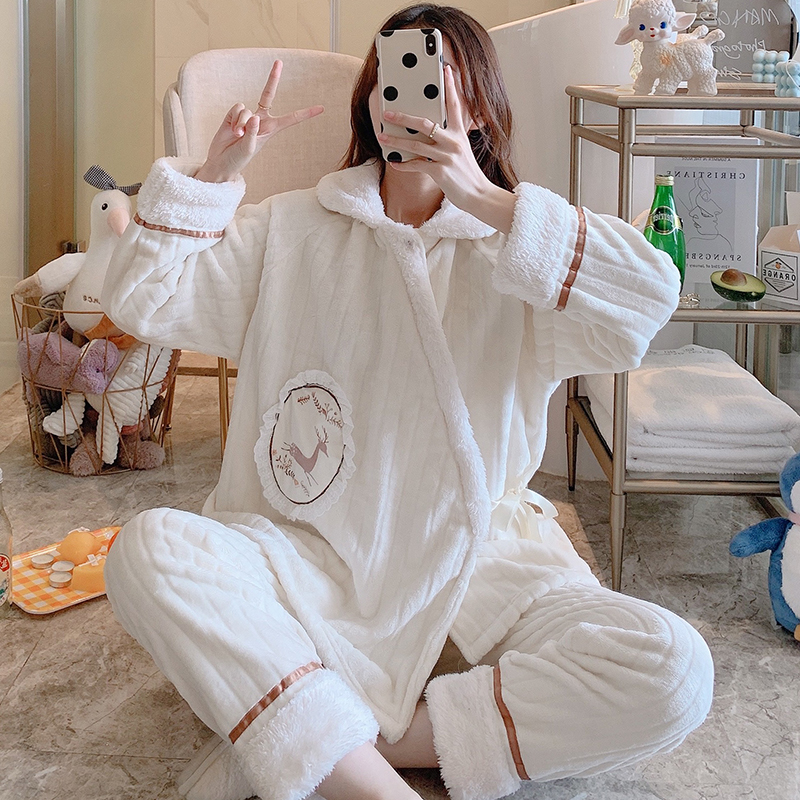 Yoga Moon Subsuit Autumn Winter Coral Suede Postnatal Breastfeeding Home Thickening Gush Spring October 11 Pregnant Woman Pyjamas 12-Taobao