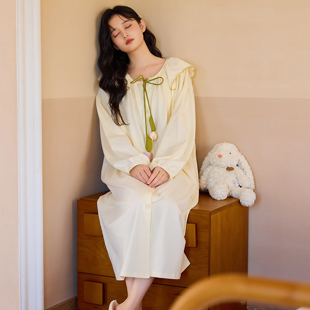 Jiayingai ຜ້າຝ້າຍບໍລິສຸດພະຍາບານ nightgown ແຂນຍາວພາກຮຽນ spring ແລະດູໃບໄມ້ລົ່ນແມ່ຍິງ pajamas summer ລໍຖ້າການຈັດສົ່ງ confinement skirt ການຜະລິດ skirt ເຂົ້າໄປໃນຫ້ອງຈັດສົ່ງ