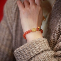 Natural Liangshan Southern Red Beeswax Pixiu Bracelet for Women Cherry Red Round Beads and Jasper with Dripping Oil Jifu Pendant Hand