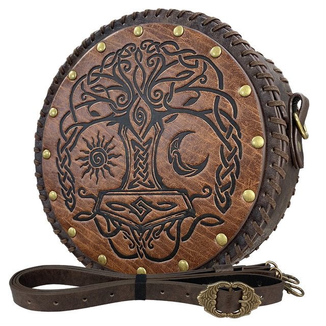 Medieval Round Embossed Waist Bag Leather Case Hanging Bag Nordic Viking Style Retro Cos Stage Performance Prop