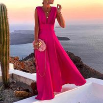 Women Elegant Solid Color V Neck Party Dress Sexy Backless L