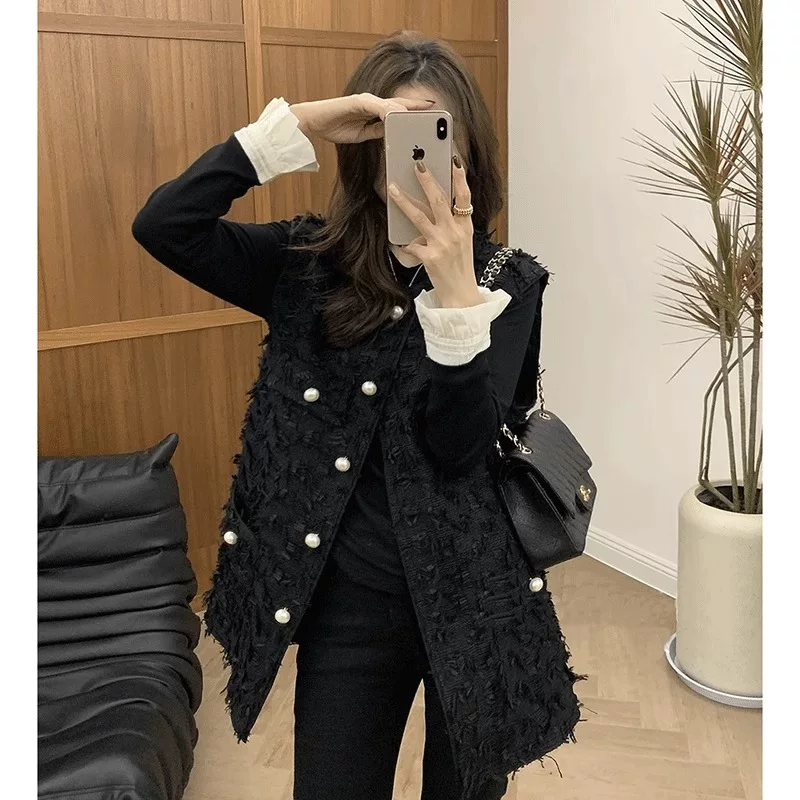 Осенний длинный жилет без рукавов, свободный крой, стиль Chanel, средней длины