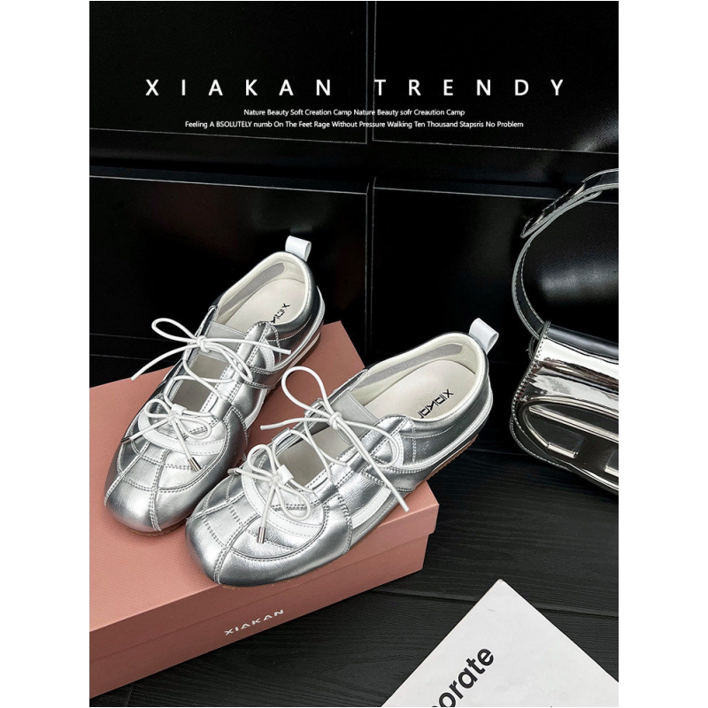 Women's Korean style Mary Jane shoes with 5cm hidden height increase, genuine leather, Korean style, ballet style, silver single shoes, casual shoes.