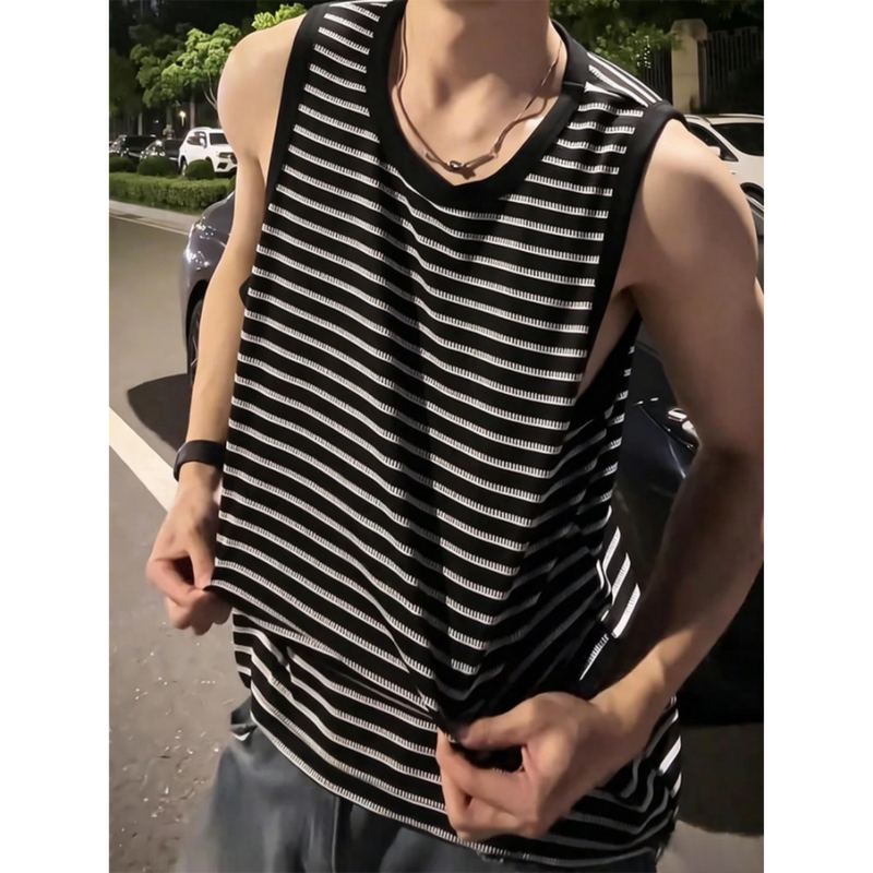 American-Style Striped Sports Vest for Men, Summer Outerwear, Cool and Quick-Drying Sleeveless T-Shirt, Breathable Training Vest