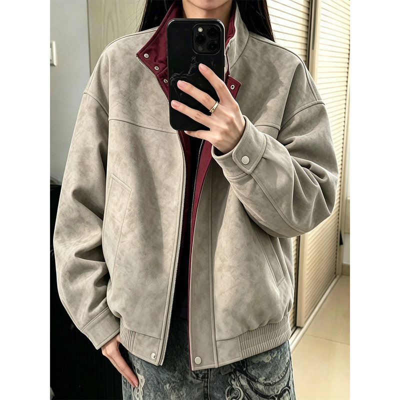 Matte Tie-Dye Color-Blocked Stand-Collar Flight Jacket for Men, Water-Resistant Motorcycle Short Workwear Jacket with a High-End Feel, Baseball-Style