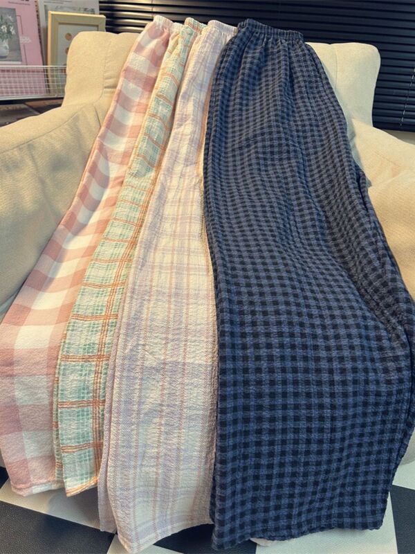 Plus Size 1.0-150kg Sweet Plaid Lounge Pants for Women, Spring and Summer Thin Casual Loose Home Pants