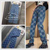 French direct mail Gucci Gucci double G jacquard all over print straight loose casual denim denim trousers for women