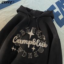 Fall harbor craze Stream with cap pure cotton fabric necropolis with thickened Korean version Loose Tide 100 lap thick cotton T