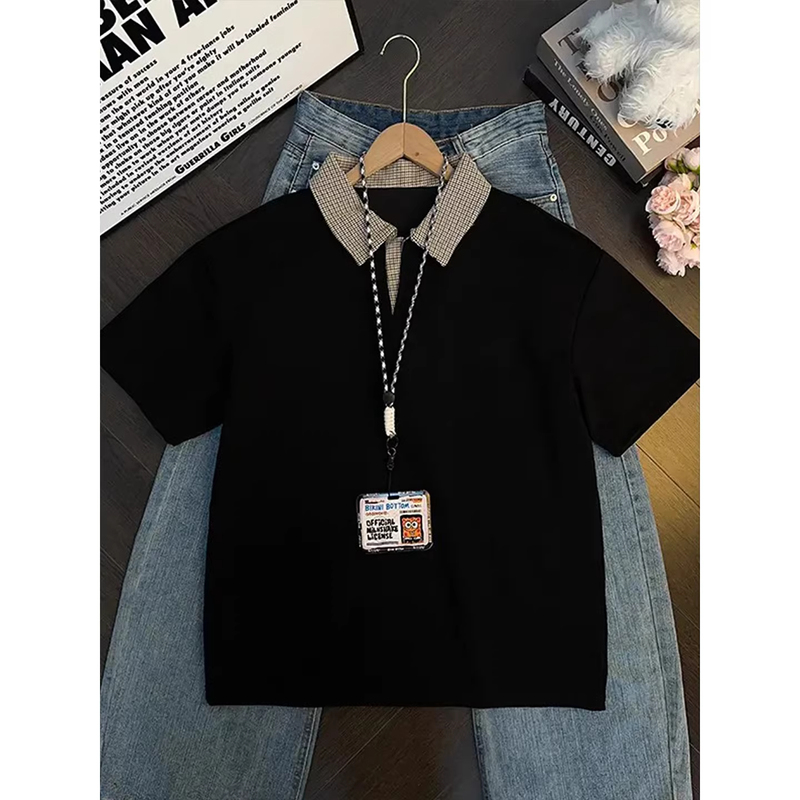 Wassup Houndstooth Patchwork Lapel Short-Sleeved T-Shirt Men's Summer American Retro Heavy-Duty Half-Sleeved Polo Shirt
