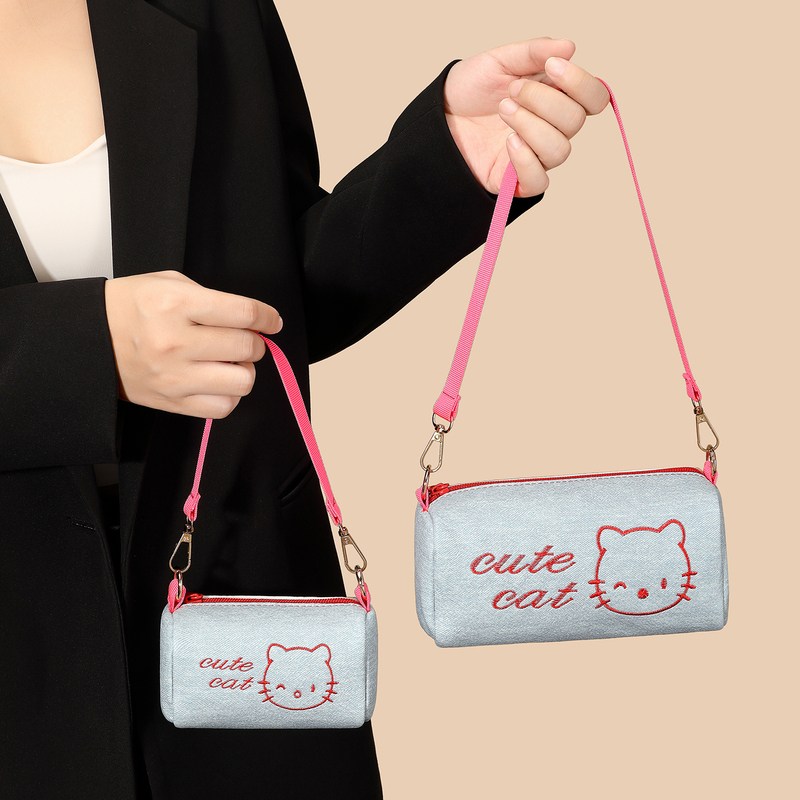 2026 New Korean Style Cartoon Cat Denim Mini Cylinder Bag Handbag Mobile Phone Bag Crossbody Bag Women's Bag
