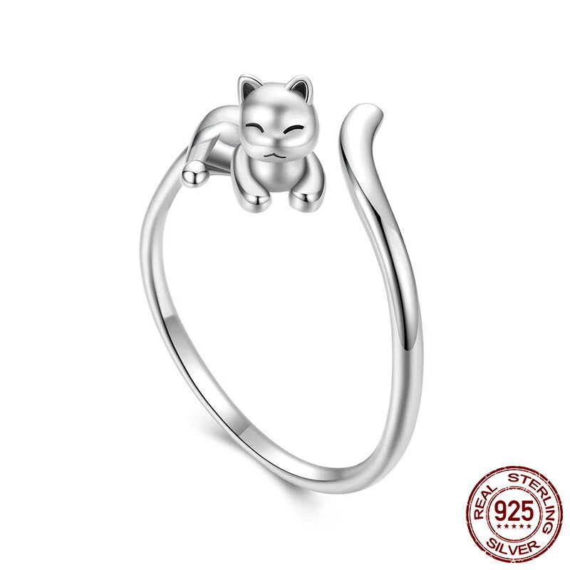 Lazy cat open ring s925 sterling silver versatile adjustable animal ring jewelry accessories for women
