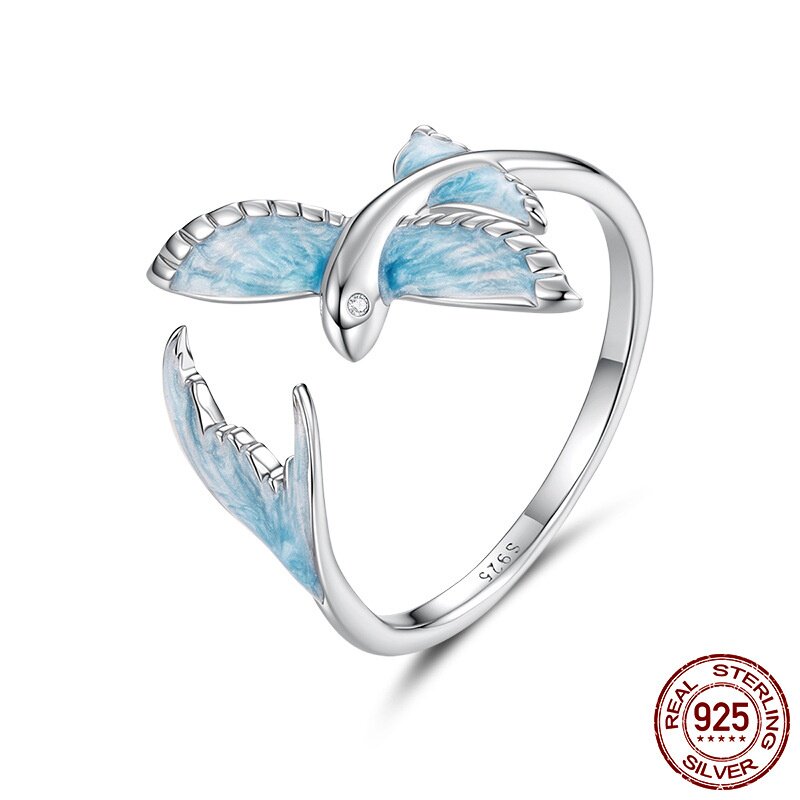 Original blue smart flying fish open ring s925 sterling silver platinum plated personalized animal adjustable ring