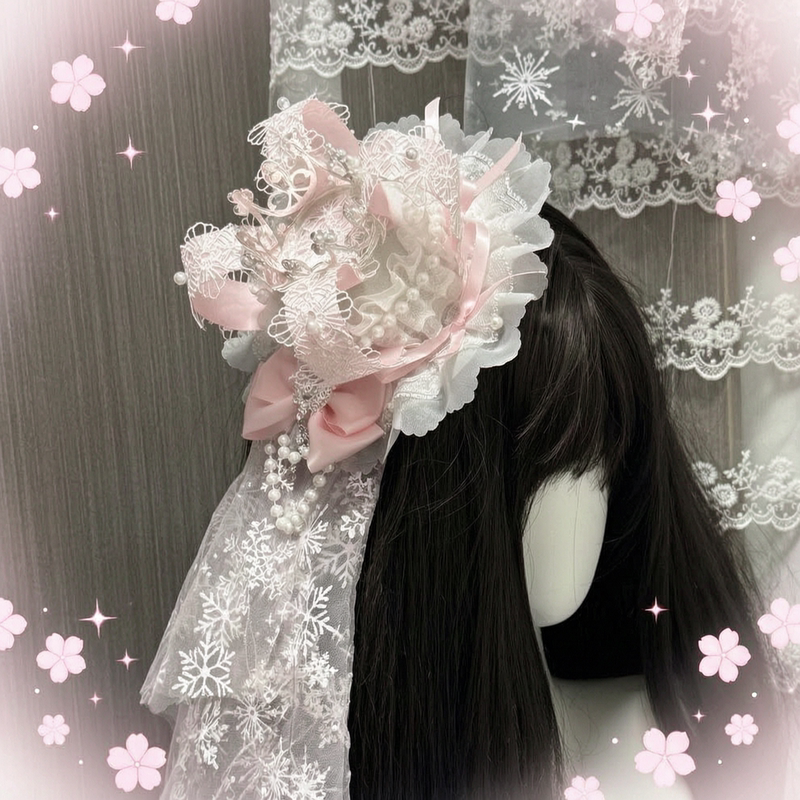Handmade Deep Pink Lolita Headwear, Hair Accessories, Crown, Bead Chain, Lace Bow, Veil, Small Hat, Lolita Accessories