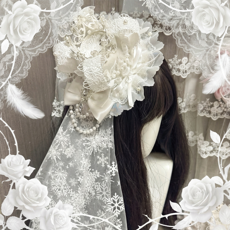 Lolita Crown Bead Chain Lace Bow Veil Hat Headwear Hair Accessories Handmade Lolita Subculture Accessories