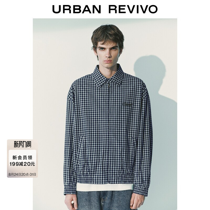 Ur2026 Autumn New Men's Trendy Turn-Down Collar Fine Plaid Blue and White Checkered Loose Jacket Coat Uuv160035