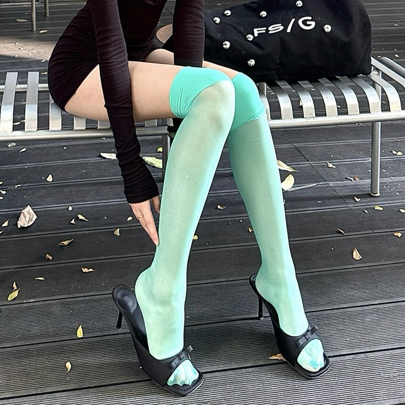 Japanese-Style Personality Colorful Dopamine Wide-Brimmed Shiny Long Stockings for Women, Thin and Slimming, Hot Girl Style Over-The-Knee Stockings