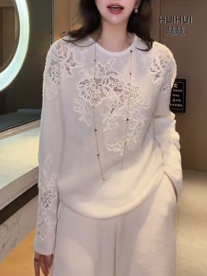 Женский свитер в повседневном стиле с ажурной вязкой и кружевом, круглый вырез, с объемной вышивкой, базовый свитер для ношения под одеждой.