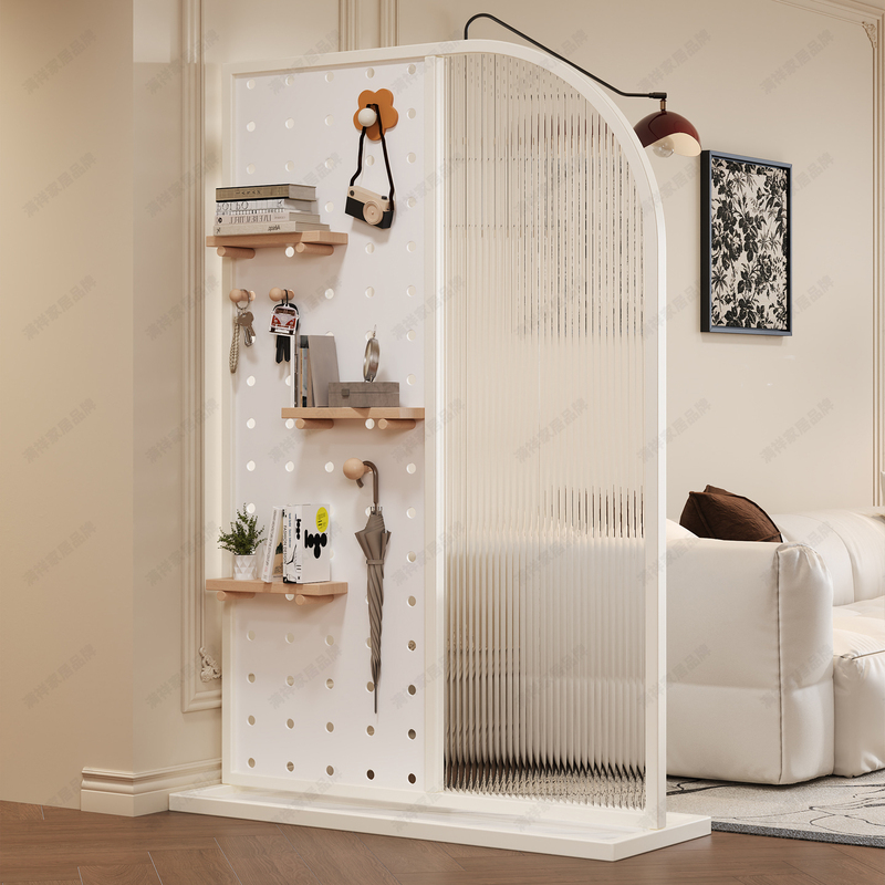 Movable Living Room Partition Wall Facing the Entrance, Featuring Perforated Board and Glass, Decorative Screen That Doesn'T Require Drilling