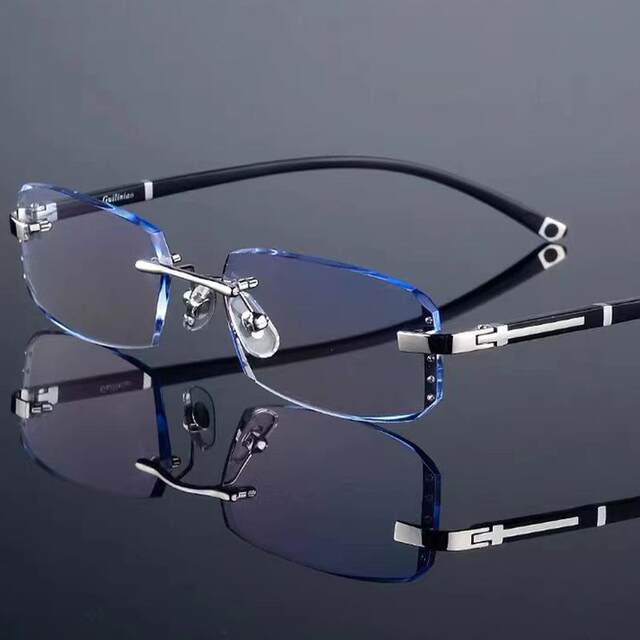 Anti-Blue Light Radiation Glasses for Men at Work and Computers, Eye Protection for Watching Mobile Phones, Diamond-Cut Flat Glasses, Rimless Glasses