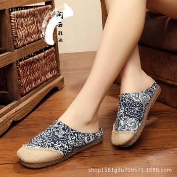 Yunnan Handmade Cotton and Linen Slippers for Women, Canvas Slippers for Couples, Japanese-Style Closed-Toe Soft-Soled Home Shoes, Linen Straw Shoes
