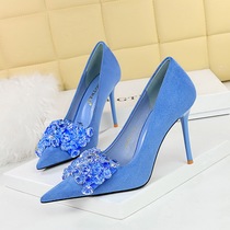 825-H27 Korean style banquet high heels womens shoes stiletto suede shallow mouth pointed toe gem rhinestone bow shoes