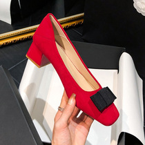 2024 French New Style Thick Heel Single Shoes Womens Genuine Leather Suede Shallow Mouth Commuting Professional Work Shoes Red Bridal Womens Shoes