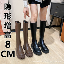 Inner heightening long boots for women 2024 new brown leather boots with elastic leather surface that does not reach the knees slimming mid-calf knight boots