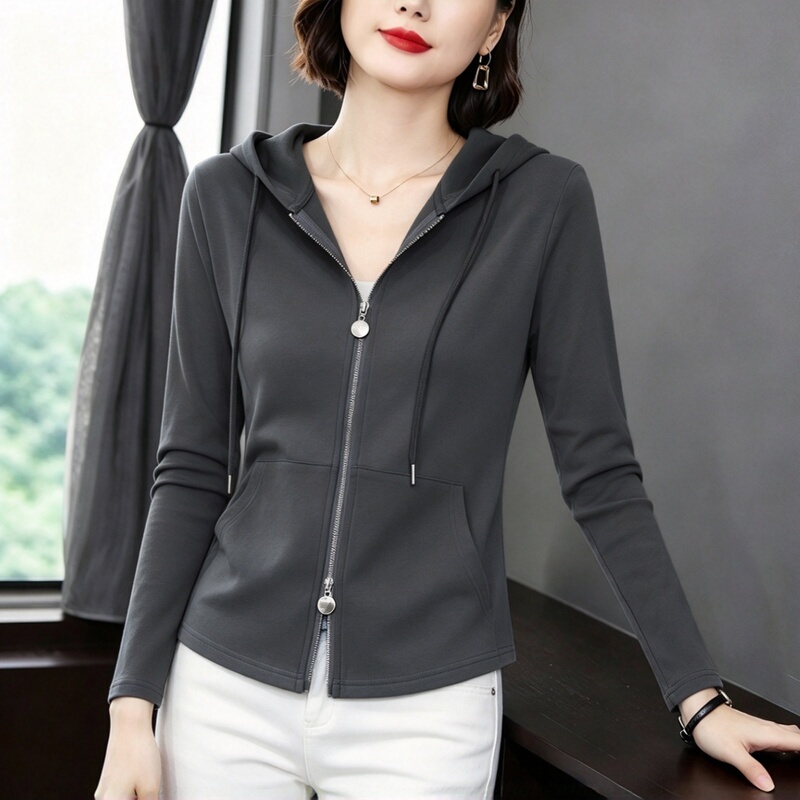 Casual Hooded Zip-Up Jacket for Women 2026 Spring Autumn Winter Loose Slimming Regular Shoulder Long-Sleeve T-Shirt Pocket Cardigan Top Casual Hooded Zip-Up Jacket for Women 2026 Spring Autumn Winter Loose Slimming Regular Shoulder Long-Sleeve T-Shirt Pocket Cardigan Top
