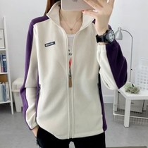 Spring polar fleece jacket hiking mountaineering jacket womens off-white color matching thickened autumn and winter warm fleece pants suit