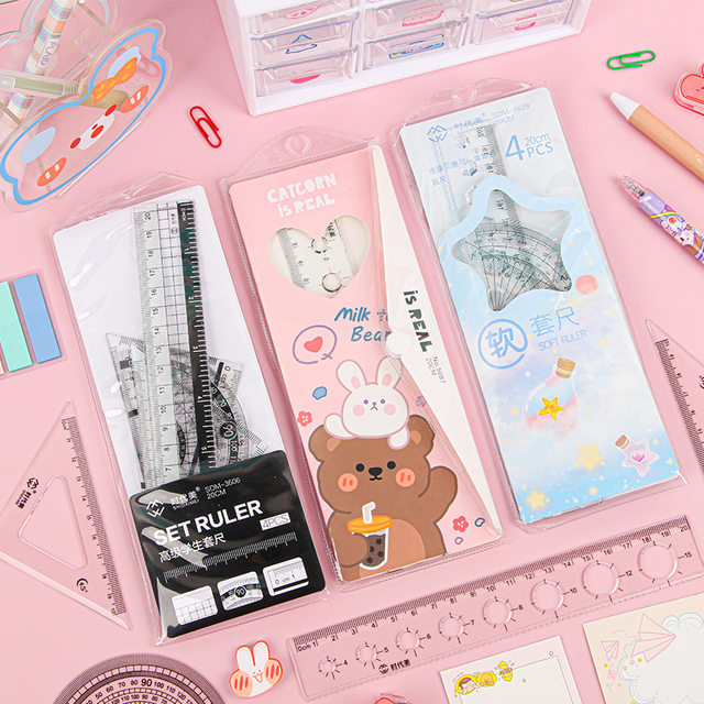 Elementary School Students' Four-Piece Set of Rulers, Non-Stick, Non-Adhesive, Rubber Rulers, Children's Measuring and Drawing Transparent Rulers