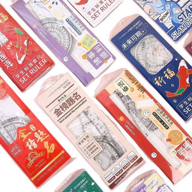 New Cartoon Student 20cm Ruler Set with Cute Animal Shapes, Triangle Ruler, Protractor, Stationery Supplies