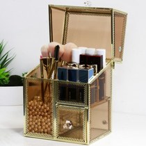 Glass cosmetics storage box dust-proof brown desktop large drawer-type simple makeup storage rack