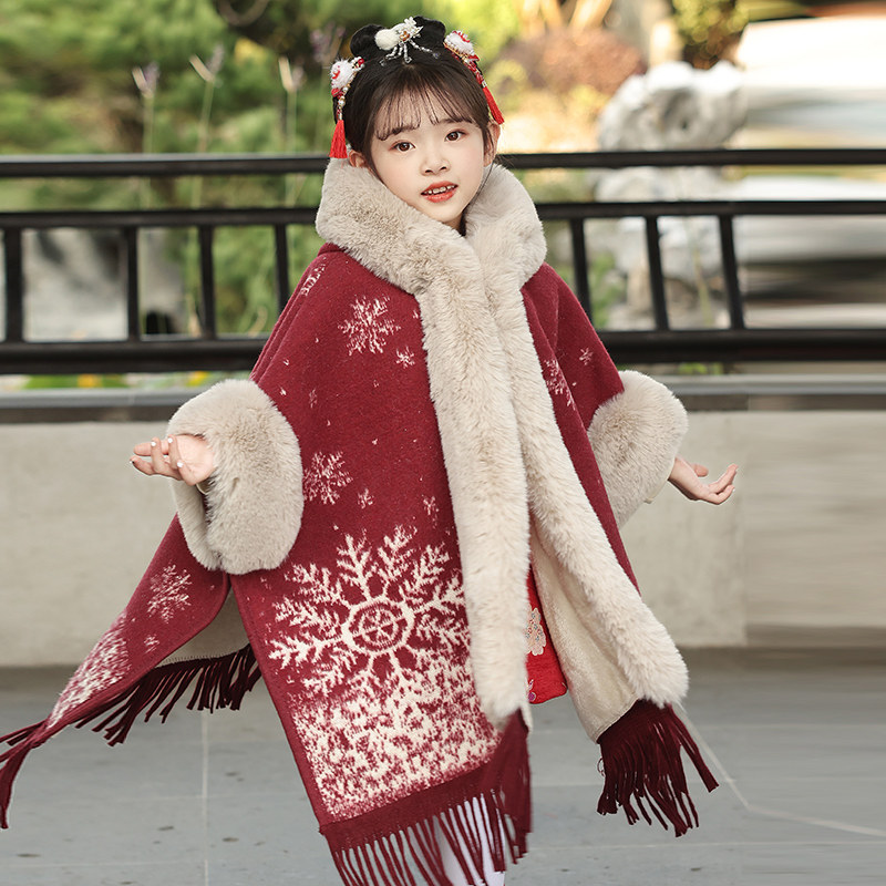 Children's shawl padded jacket with thickened fur collar girl cloak outside cloak jacket Chinese wind high-end warm autumn winter-Taobao