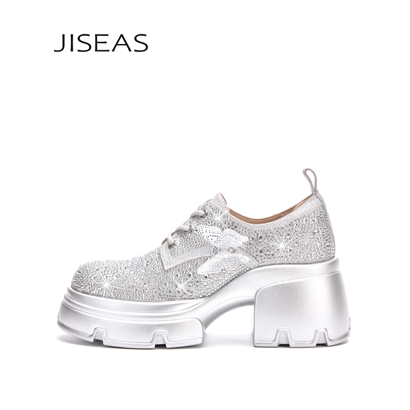 Jiseas Niche Design Rhinestone Loafers for Women 2025 Spring New Full Rhinestone Thick-Soled Height-Increasing Lace-Up Fashion Shoes