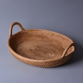 Vietnamese Hand-Woven Straw Fruit Plate, Dried Fruit Plate, Snack Plate, Fruit Basket, Tea Storage Basket, Handle, Small Oval Tray