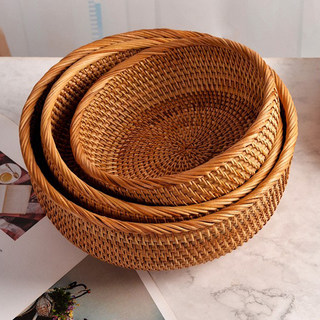 Vietnamese Autumn Rattan Woven Storage Basket, Handmade Large Round Basket for Home Use, Suitable for Snacks, Steamed Buns, Pastries, Fruit Tray