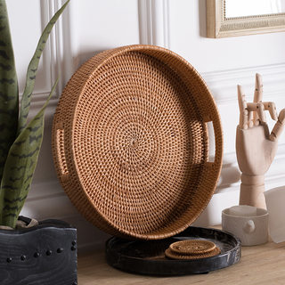 Vietnamese Hand-Woven Rattan and Bamboo Fruit Plate, Fruit Basket, Tea Tray, Tray, Living Room Round Handle Creative Storage Basket