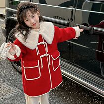 Girls thickened velvet autumn and winter red coats stylish medium-sized childrens medium-length large lapels childrens New Years clothing