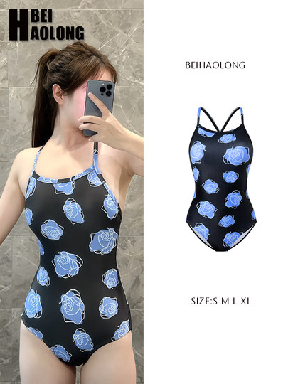 贝浩龙蓝色玫瑰女孩2024新款竞速泳衣高级感游泳馆专用竞技泳装