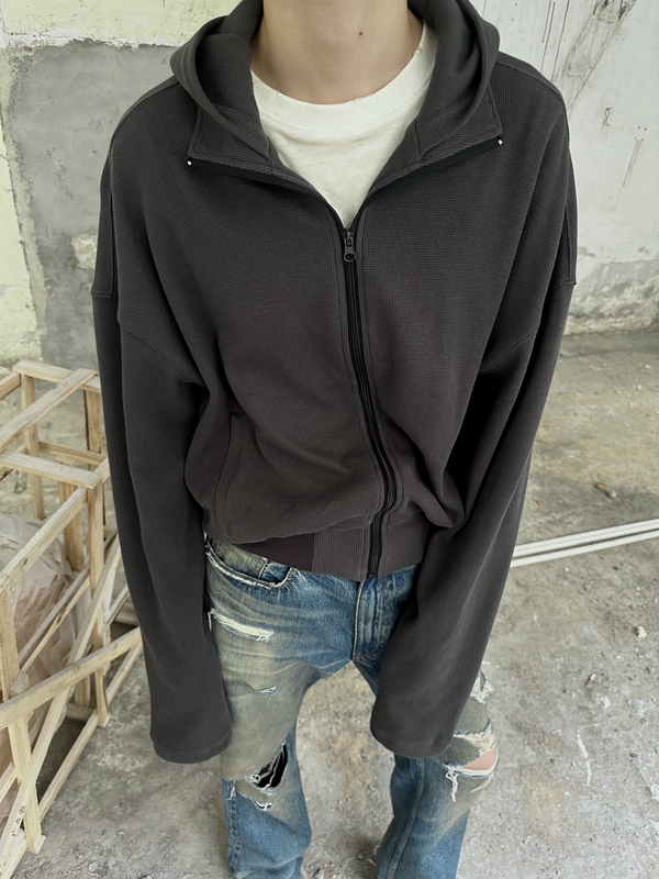 Shiin'4D-Waffle' 4D Waffle Lapel Hooded Sweatshirt with Pleated Hem and Zipper
