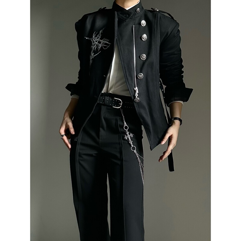 Asae Original Dark Style Printed Jacket Retro Palace Style Belt Metal Buckle Strap Unisex Casual Jacket