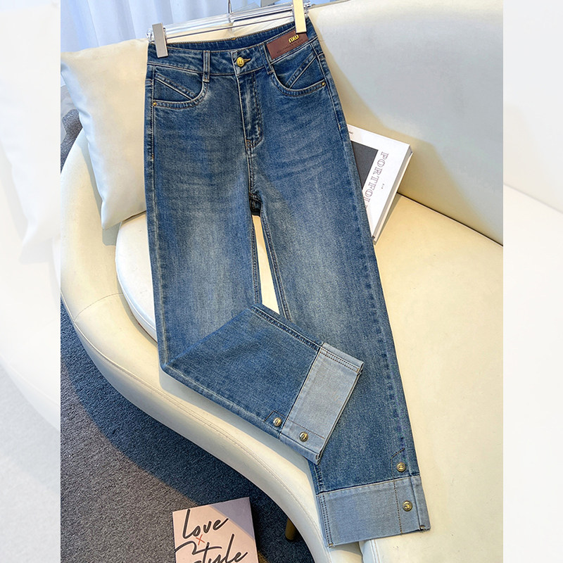 Lusam 复古烟管牛仔裤女春秋2026新款小个子九分裤拼接窄版直筒裤