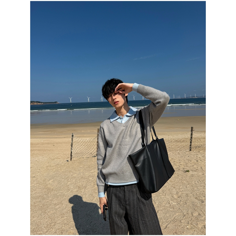 「Nico's Style」Sukchor Blue Faux Two-Piece Miu-Style College Knit Long-Sleeve Sweater, Unisex