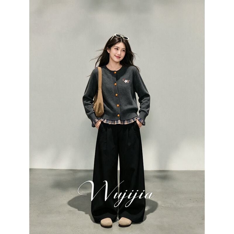 Five Seasons Plus Size Women's Clothing [Gebian Shinuan] 2026 Autumn Lazy Style Patchwork Sweater Cardigan and Long Pants Set