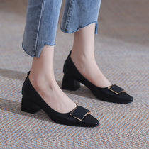 2024 Autumn New Square Toe Thick Heel Single Shoes Workplace Commuting Shallow Mouth Work Shoes Korean Style Low Heel Genuine Leather Shoes for Women