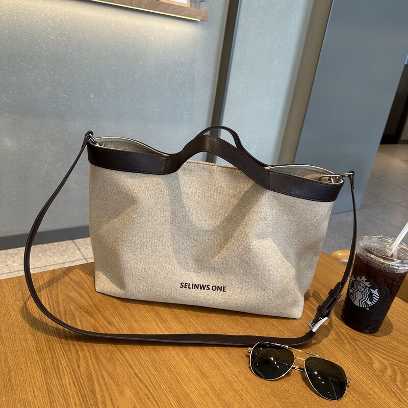 Retro Contrasting Color High-Density Cotton and Linen Canvas Splicing Large-Capacity Tote Bag Hand-Held Cross-Body Letter Bag Casual and Versatile