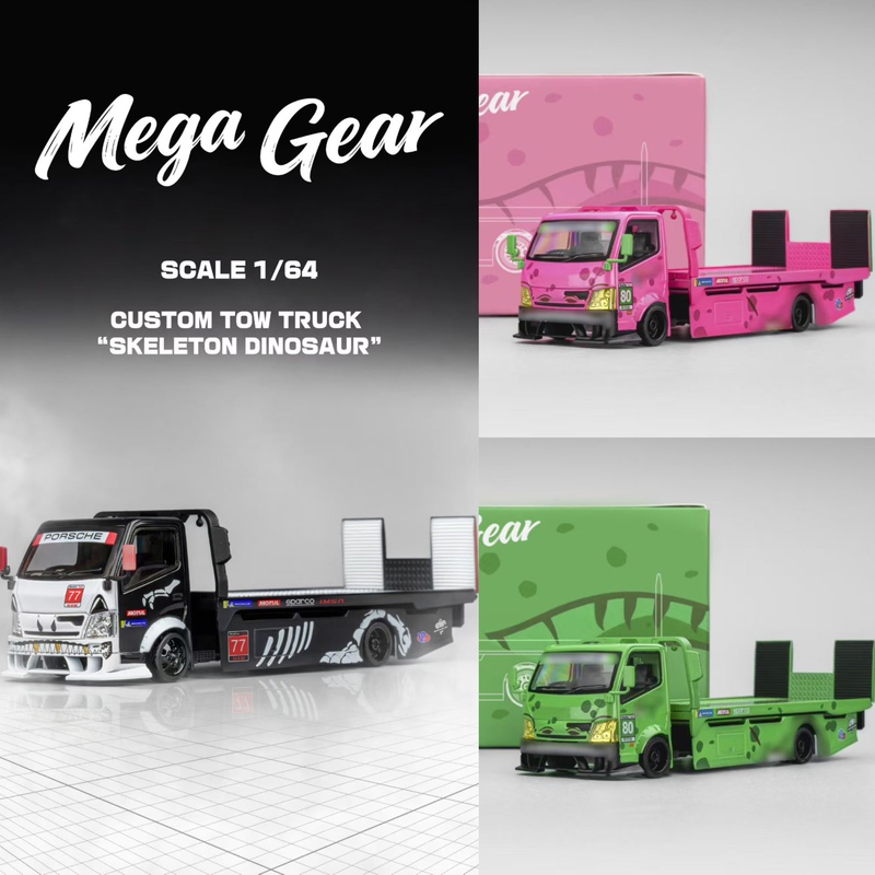 Mg Mega Gear 1:64 Alloy Car Model, Bone-Dissolving Dinosaur with Pink and Green Paint, Flatbed Trailer with Movable Structure Mg Mega Gear 1:64 Alloy Car Model, Bone-Dissolving Dinosaur with Pink and Green Paint, Flatbed Trailer with Movable Structure