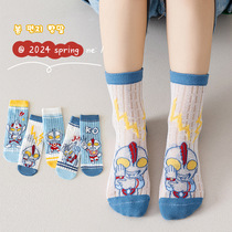 5 pairs of spring and summer thin childrens socks summer mesh boys socks breathable and deodorant ins cartoon Ultraman trendy socks
