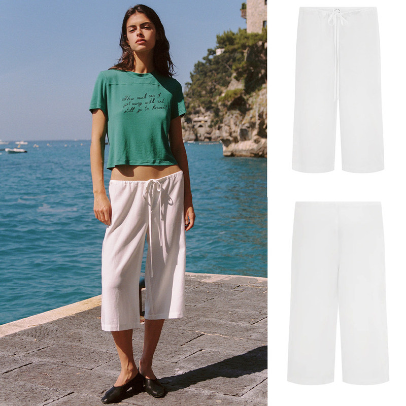 With Jean White Cropped Wide-Leg Pants, Low-Waisted Drawstring Casual Cool Breathable Lazy Versatile Cropped Pants With Jean White Cropped Wide-Leg Pants, Low-Waisted Drawstring Casual Cool Breathable Lazy Versatile Cropped Pants