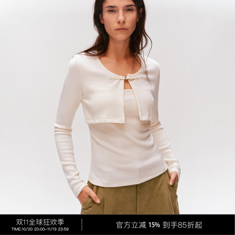 3Rd Leather Metal Strap Small Shawl Fake Two-Piece Long-Sleeved T-Shirt